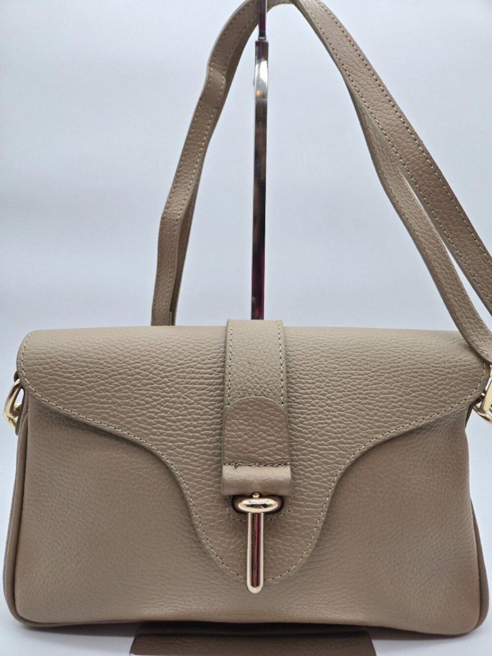 Vera Pelle Italian Leather Tan Crossbody Shoulder Bag Gold Bar Closure EUC